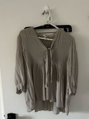 Joie Taupe Pleated Tie-Neck Blouse